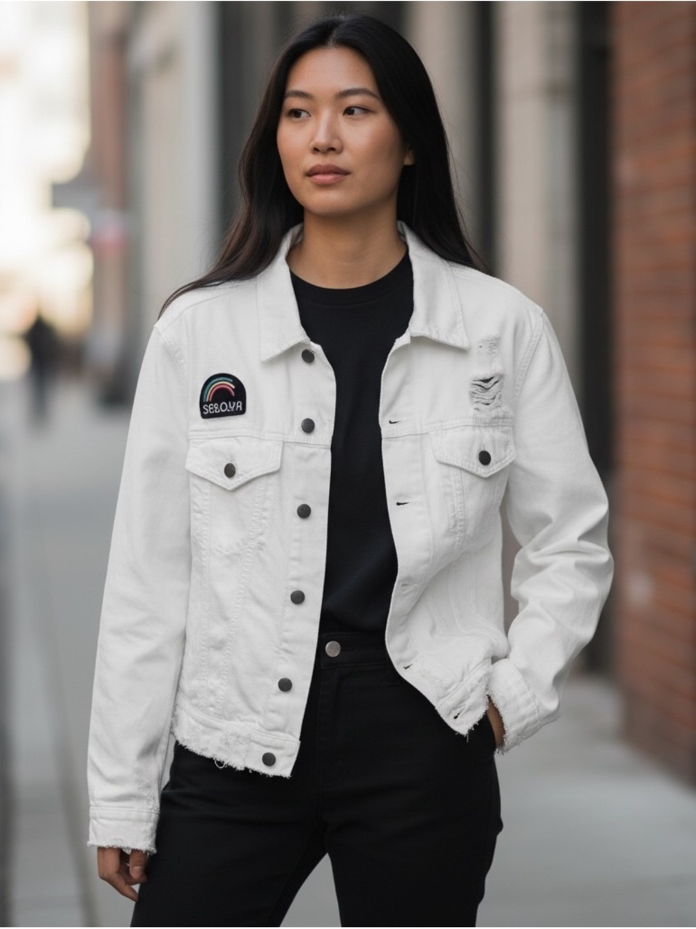 SER.O.YA White Distressed Denim Jacket – No Size Tag (fits S/M)– NWT Patch Logo